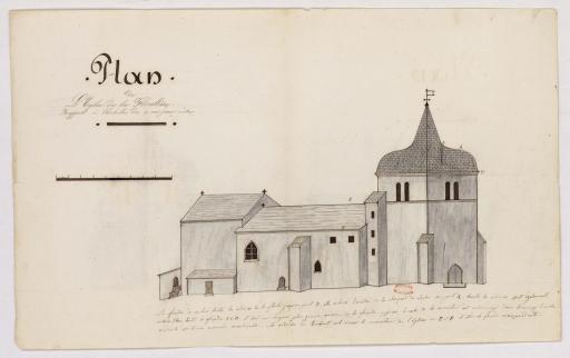 Réparations de la couverture de l'église en raison des dégâts occasionnés par la foudre : plan de l'église, avec une légende indiquant le détail des dégâts.